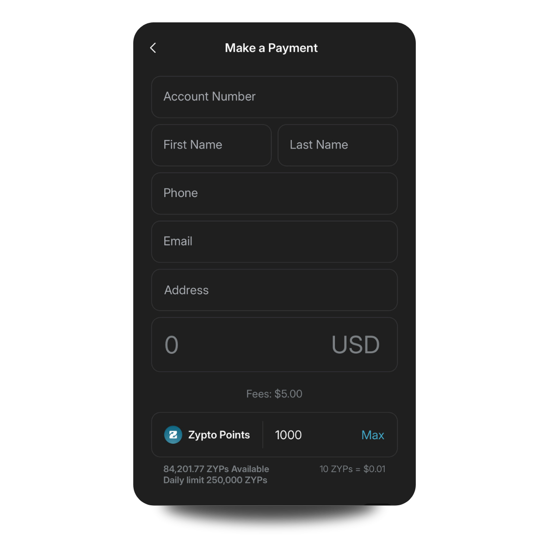 Paying a bill with Bitcoin in Zypto App, the Make a Payment screen