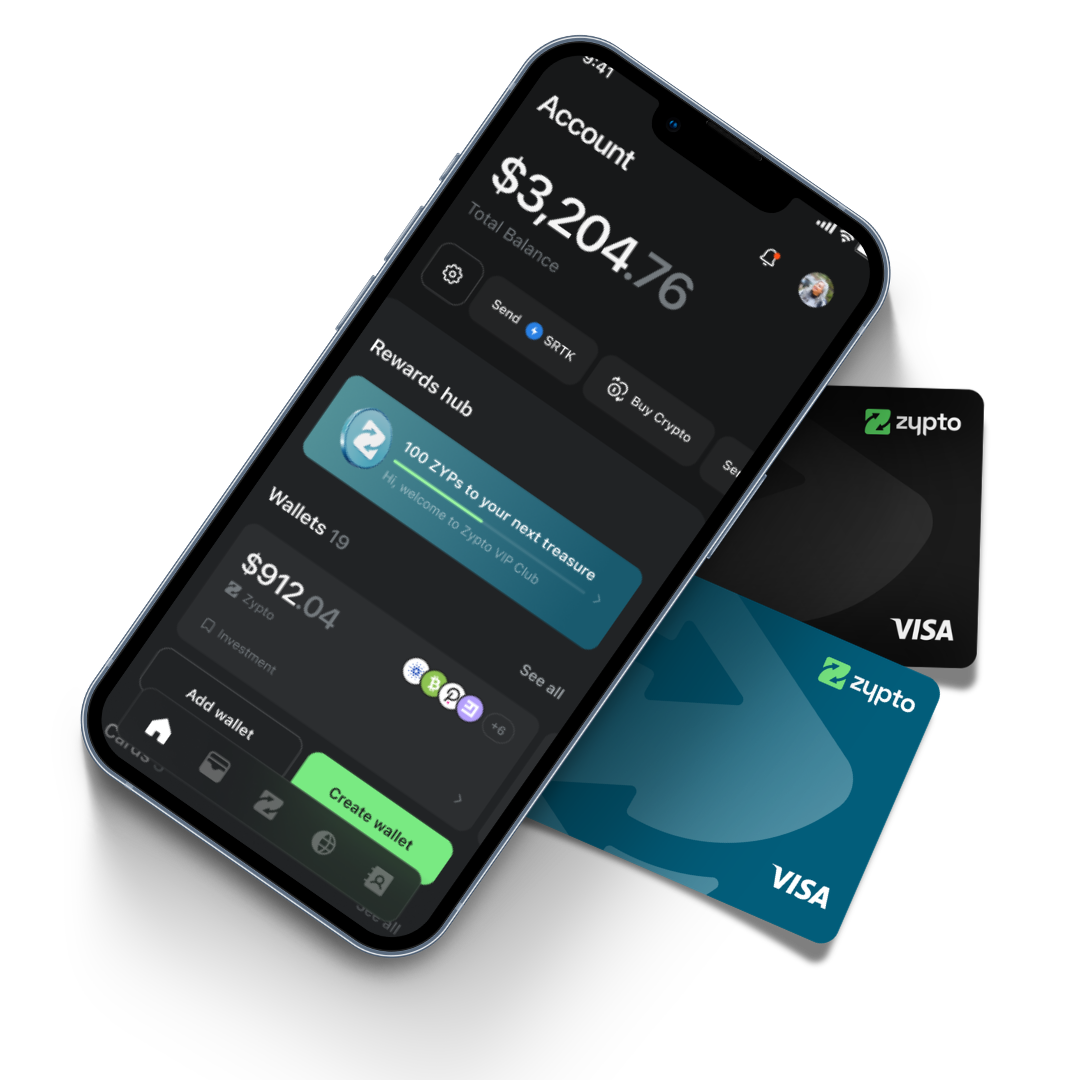 Zypto App account screen with total balance and the Rewards Hub