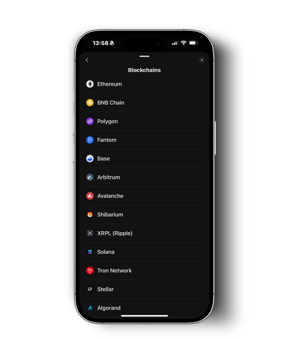 Zypto App blockchains list, showing Ethereum, BNB Chain, Polygon, Solana and more