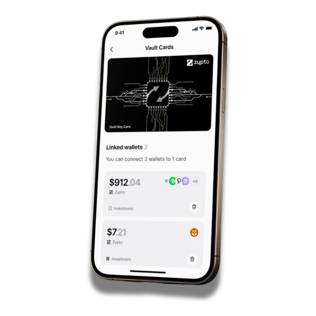 Zypto App Vault Cards screen showing linked wallets