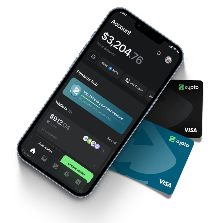 Zypto App account screen with total balance and the Rewards Hub