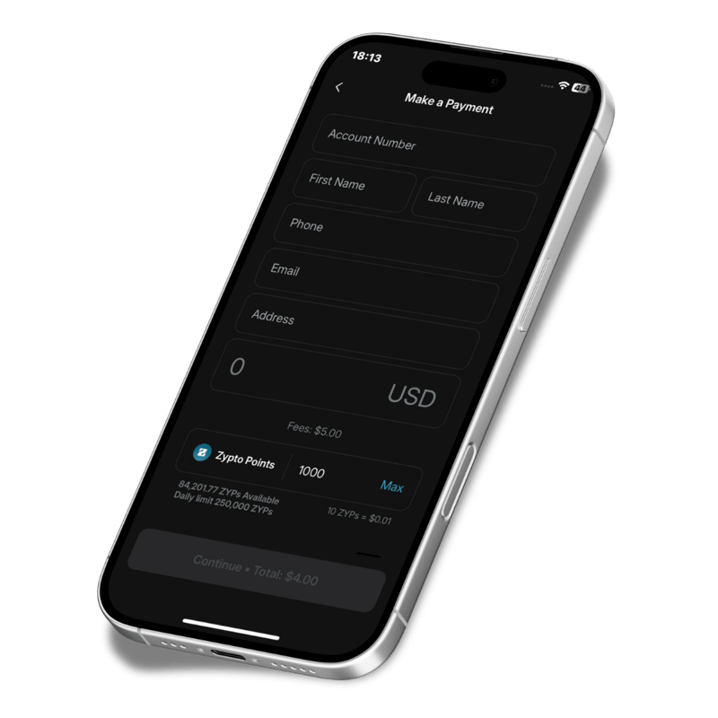 Betaling av en regning fra en kryptosaldo i Zypto App