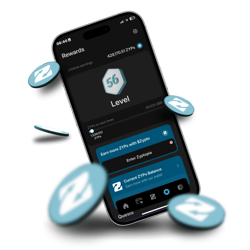 Rewards Hub i Zypto App som viser ZYP-poeng og nivå