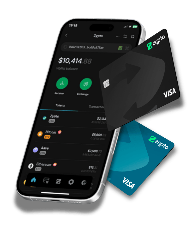 Zypto crypto wallet app on iPhone alongside two crypto Visa cards