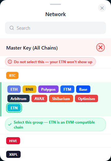 Zypto App network selection screen showing the EVM group selected for Electroneum ETN wallet import: do not select Master Key