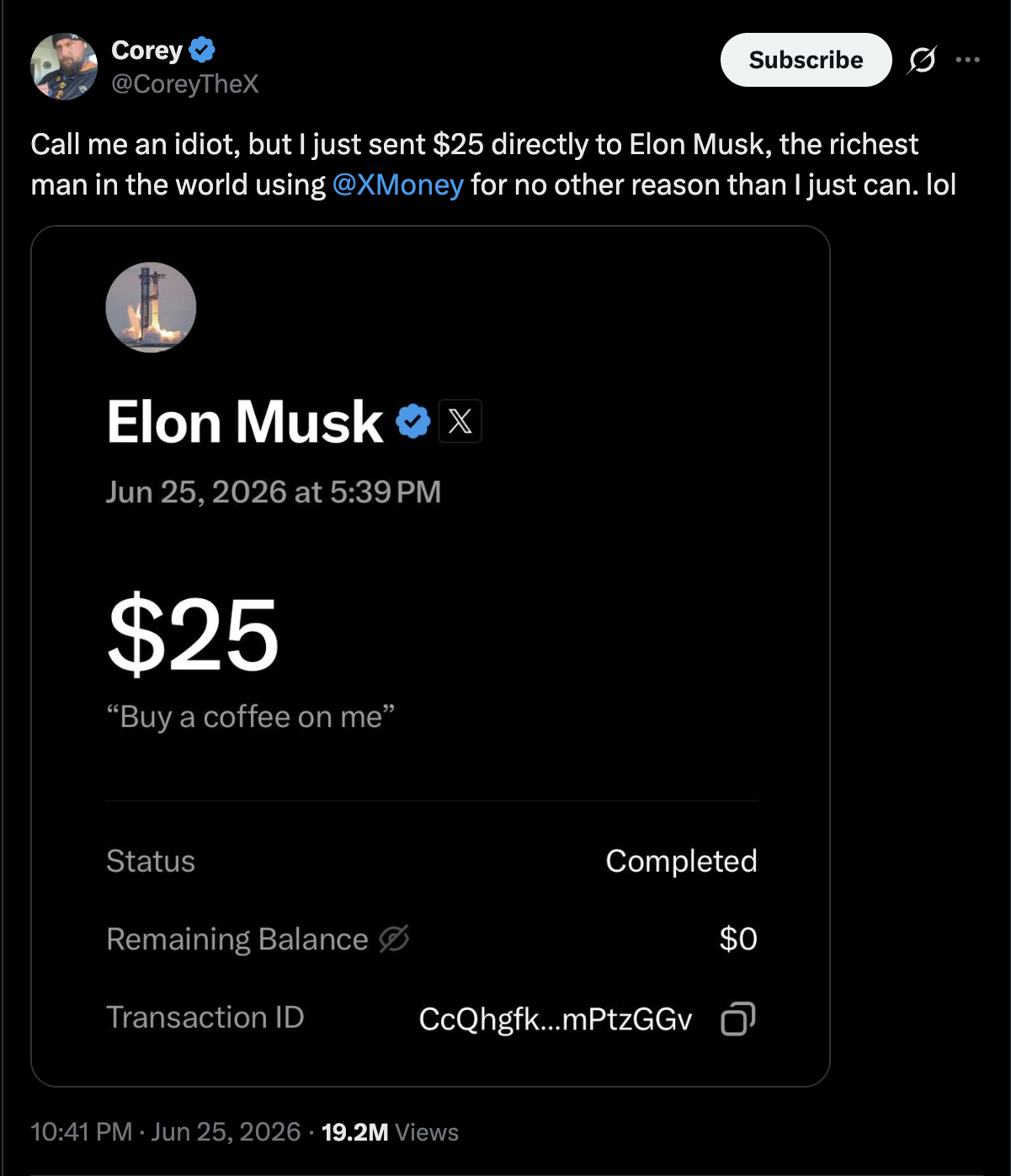 X Money peer-to-peer payment confirmation from Elon Musk