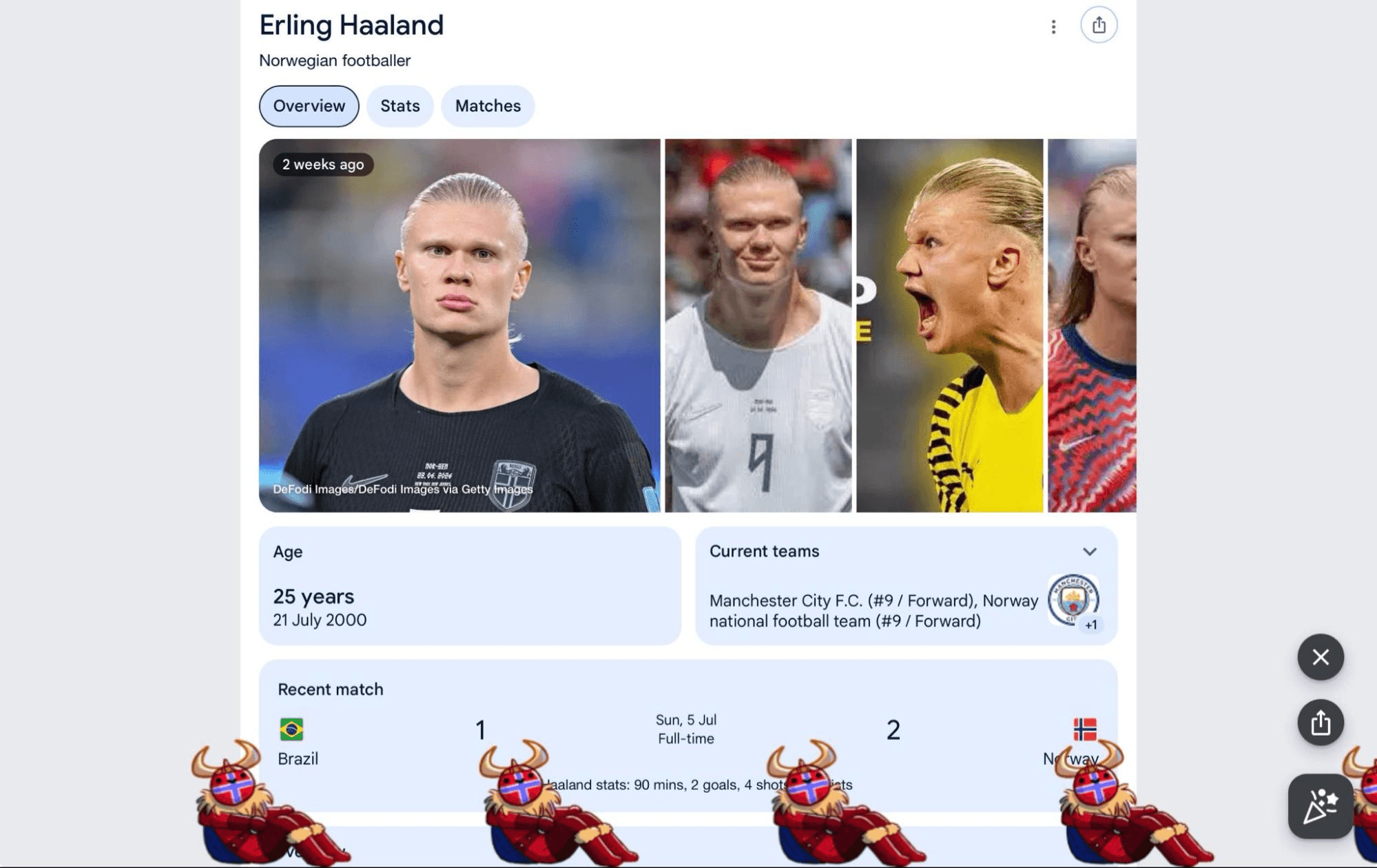 Google search result for Erling Haaland showing the Viking-themed Easter egg with Norse warrior graphics