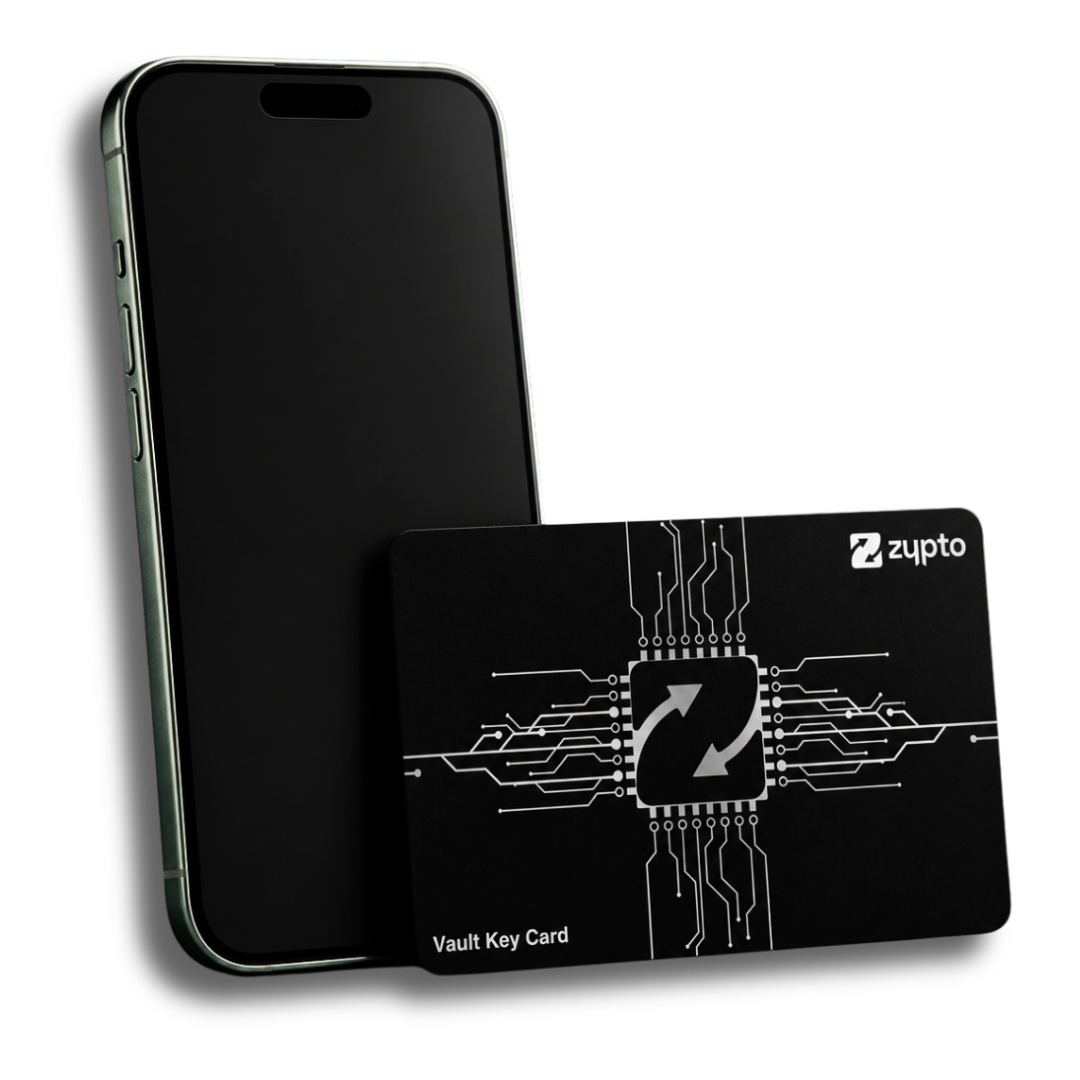 The Zypto Vault Key Card beside a phone running Zypto App