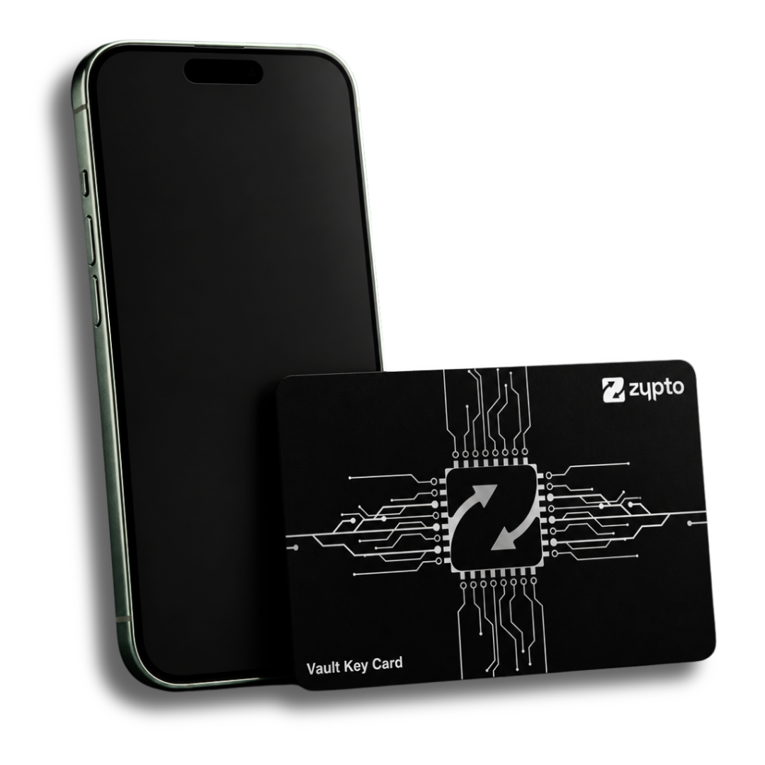 The Zypto Vault Key Card beside a phone running Zypto App