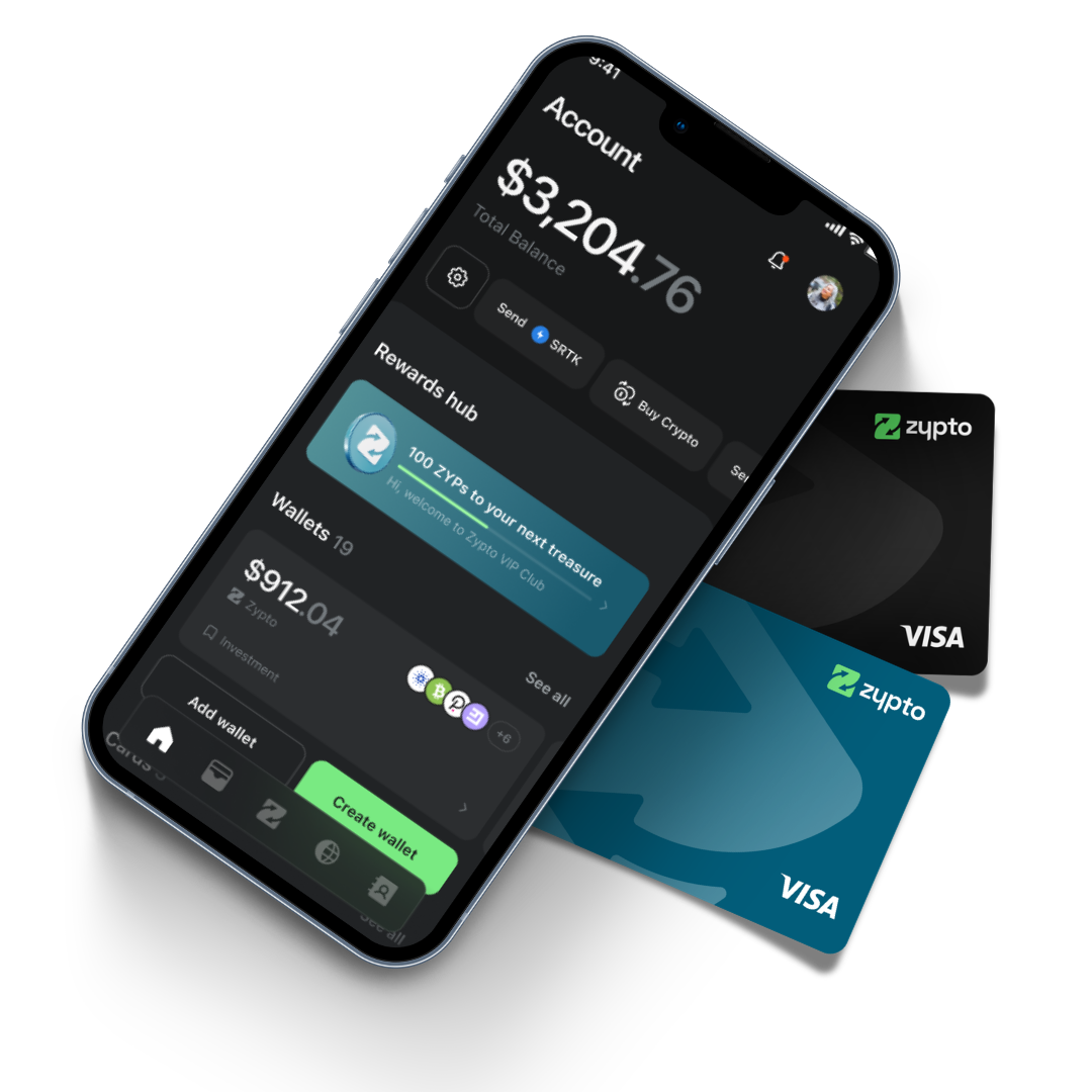 Zypto App account screen with total balance and the Rewards Hub