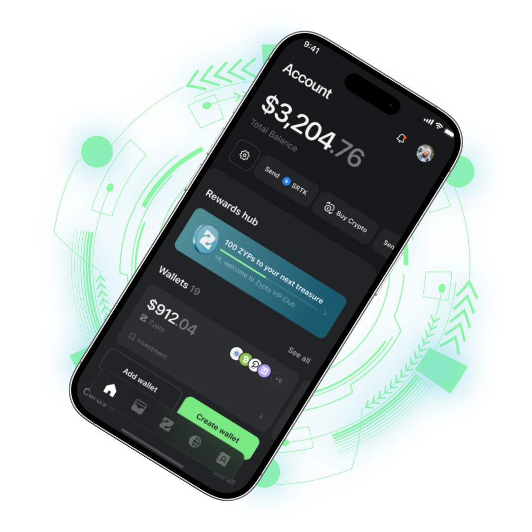 Zypto App account screen with total balance, Rewards Hub and Zypto Visa cards