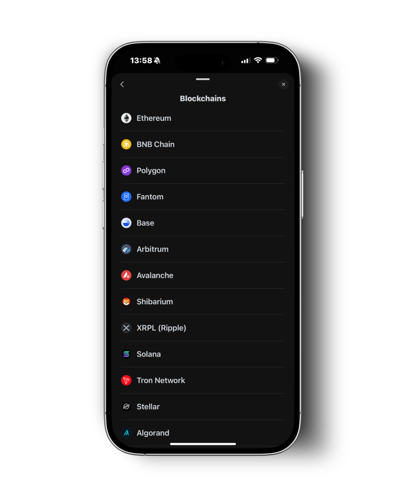 Zypto App blockchains list, showing Ethereum, BNB Chain, Polygon, Solana and more