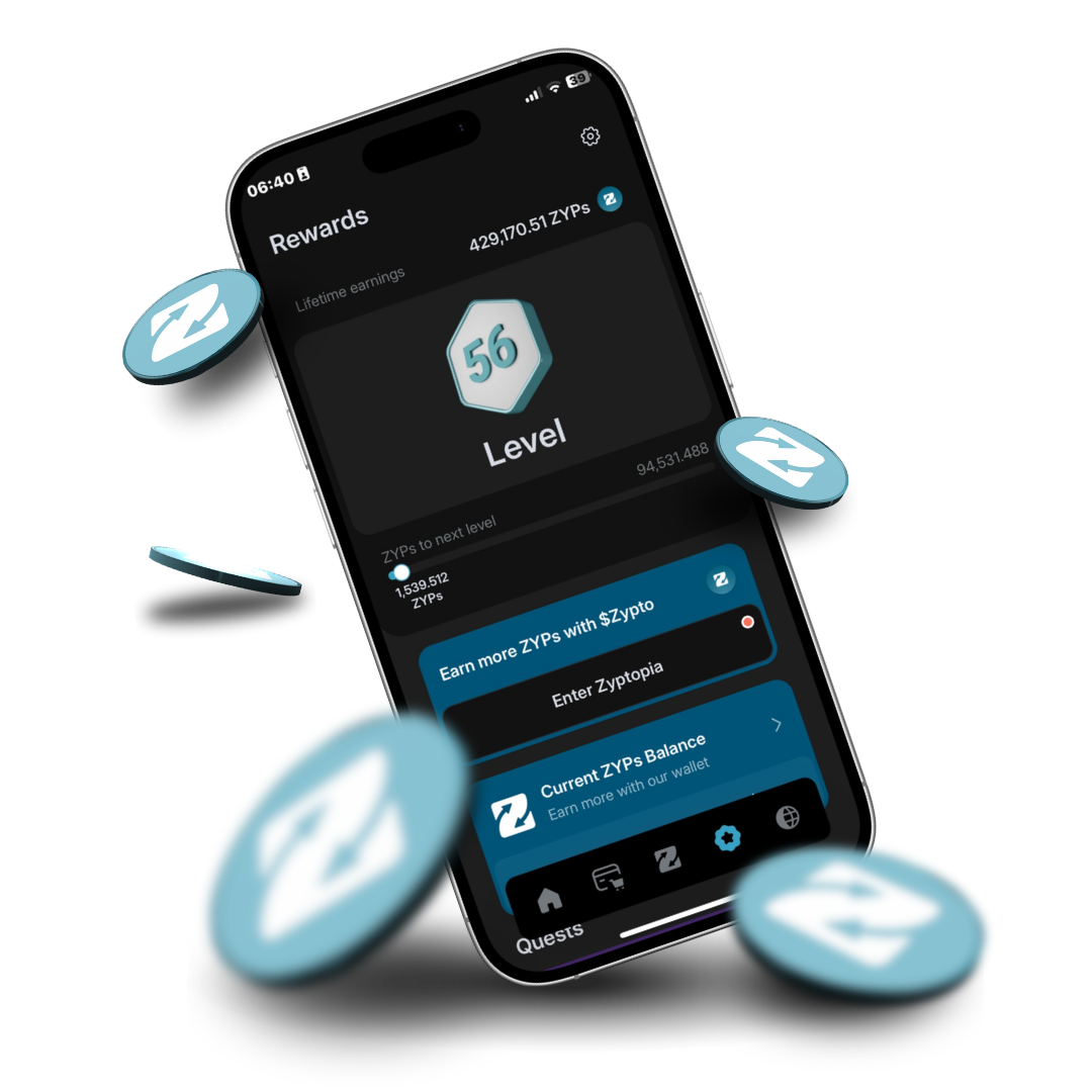 The Rewards Hub in Zypto App, showing lifetime ZYPs earned and reward level