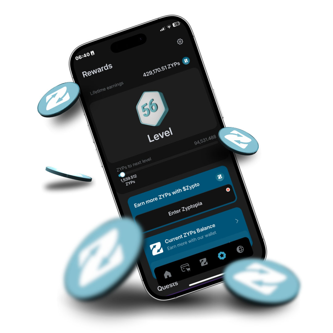 The Rewards Hub in Zypto App, showing lifetime ZYPs earned and reward level