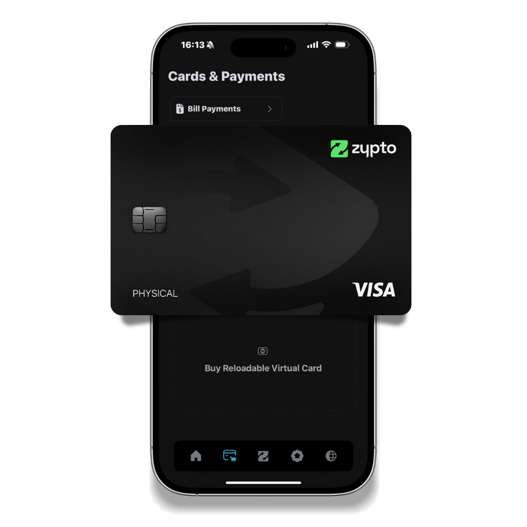 The Zypto Premium Visa card in Cards & Payments inside Zypto App