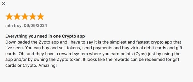 Zypto App 5 Star Review on App Store